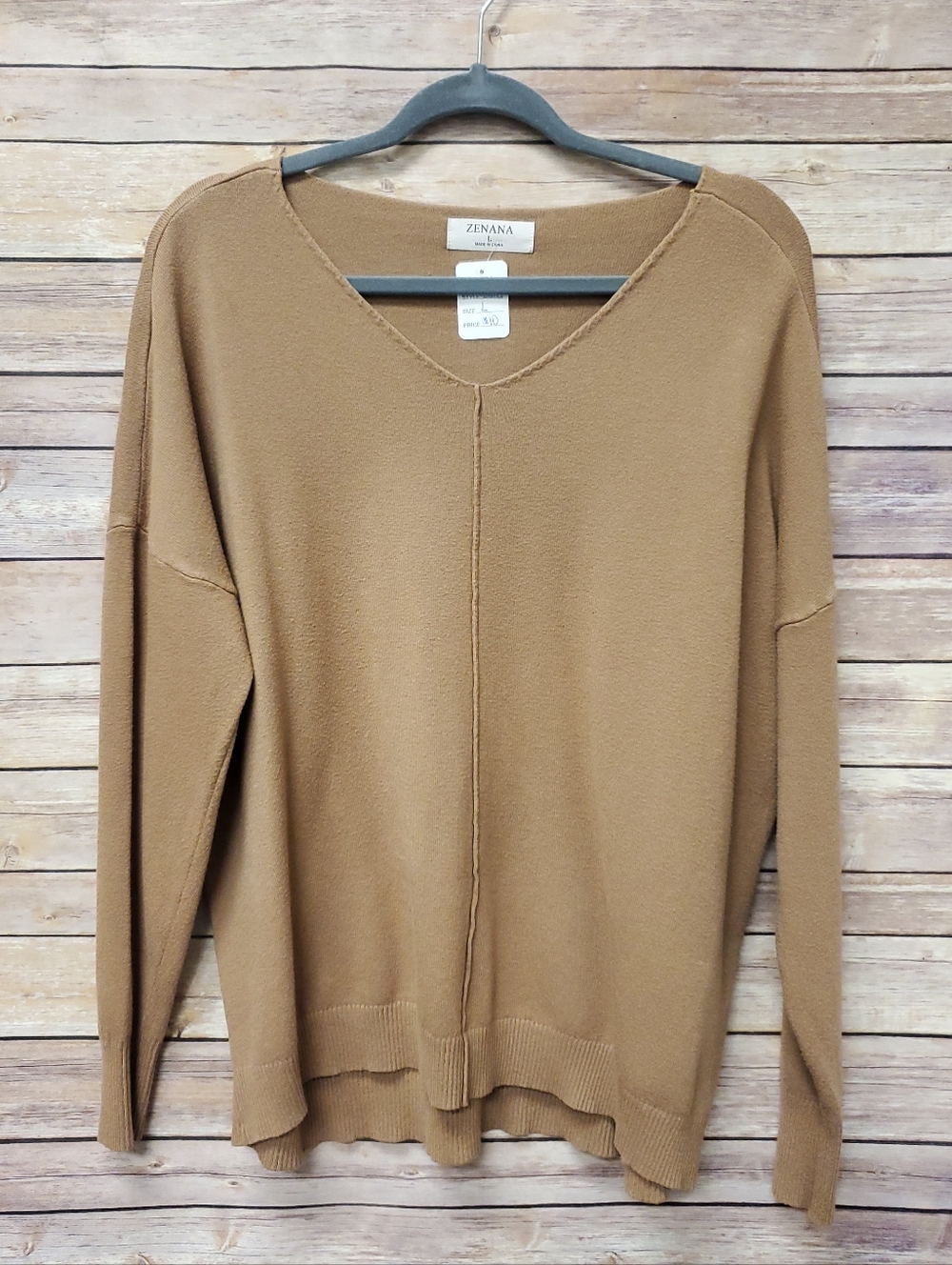 Zenana Camel V Neck Sweater Women’s Large Lightweight Hi Low Hem Long Sleeve Pul